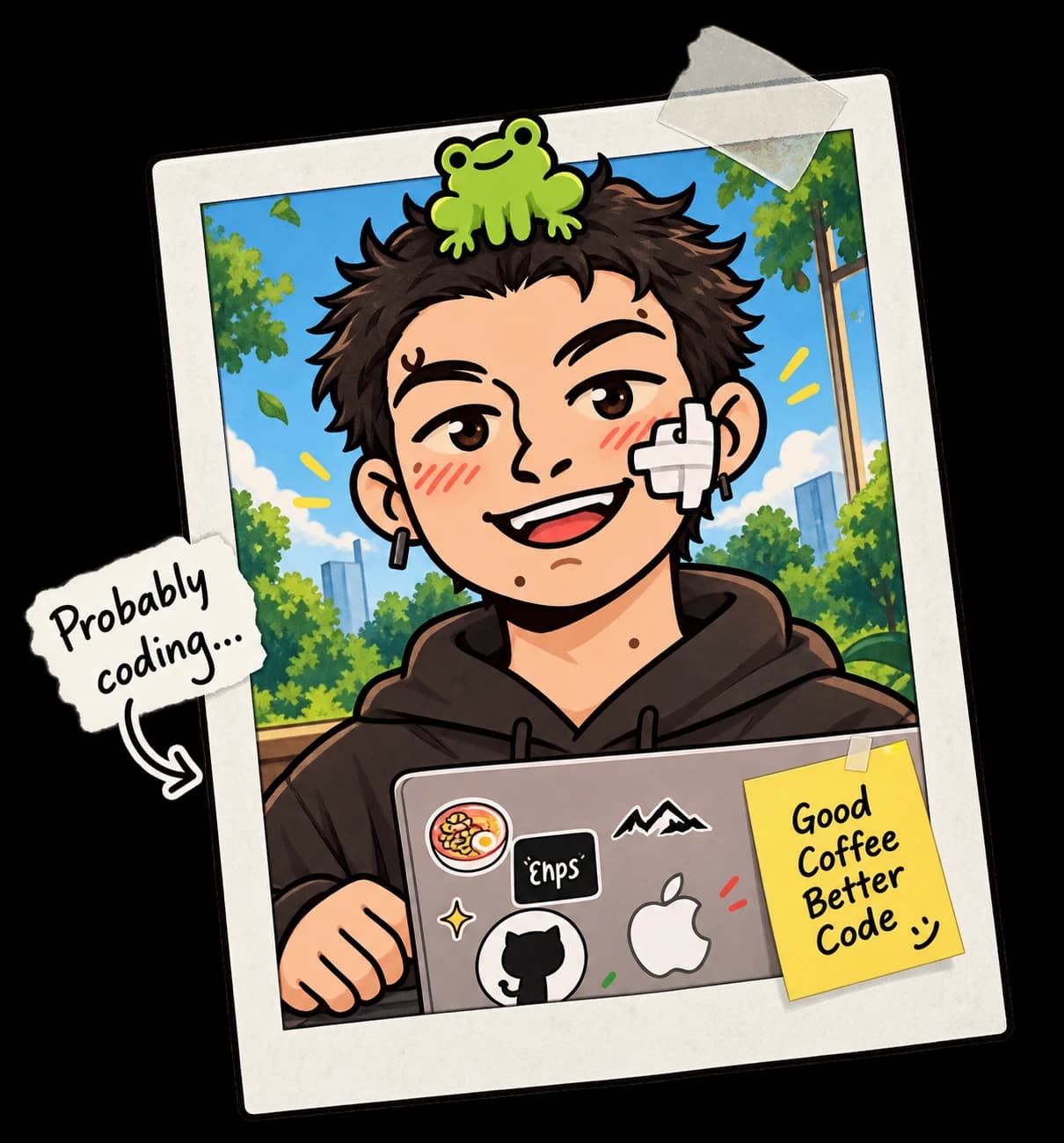 Illustrated polaroid portrait of Ujjwal coding with a frog on his head.