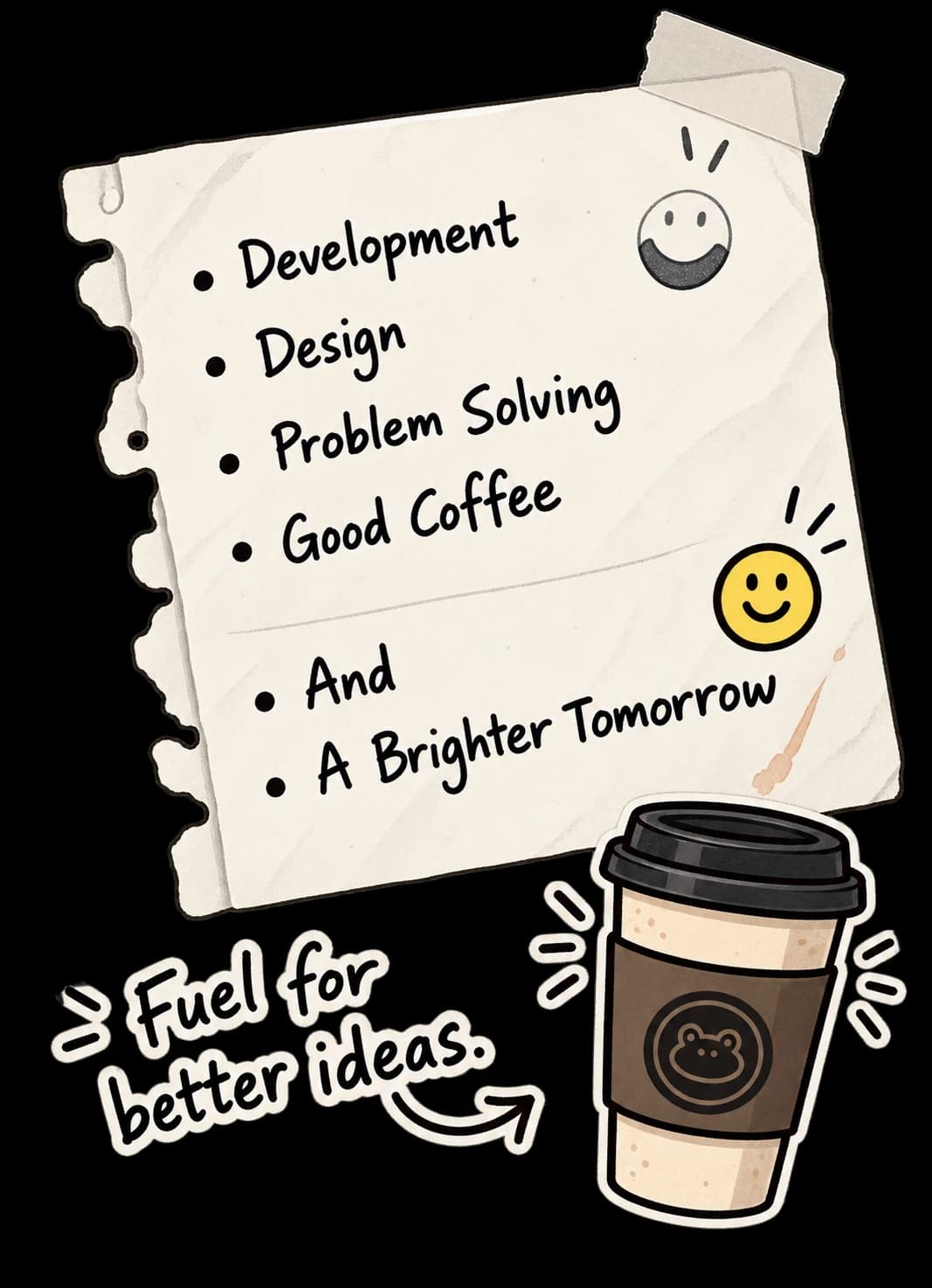 Handwritten note listing Development, Design, Problem Solving, Good Coffee, And, and A Brighter Tomorrow.