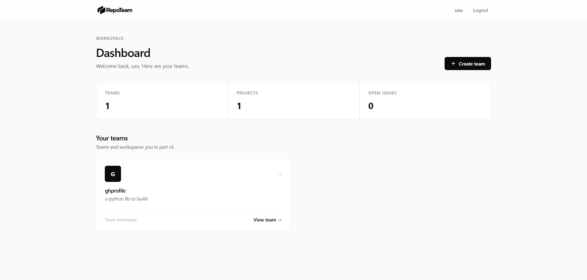 RepoTeam dashboard showing the user's teams, team projects, and open issue counters