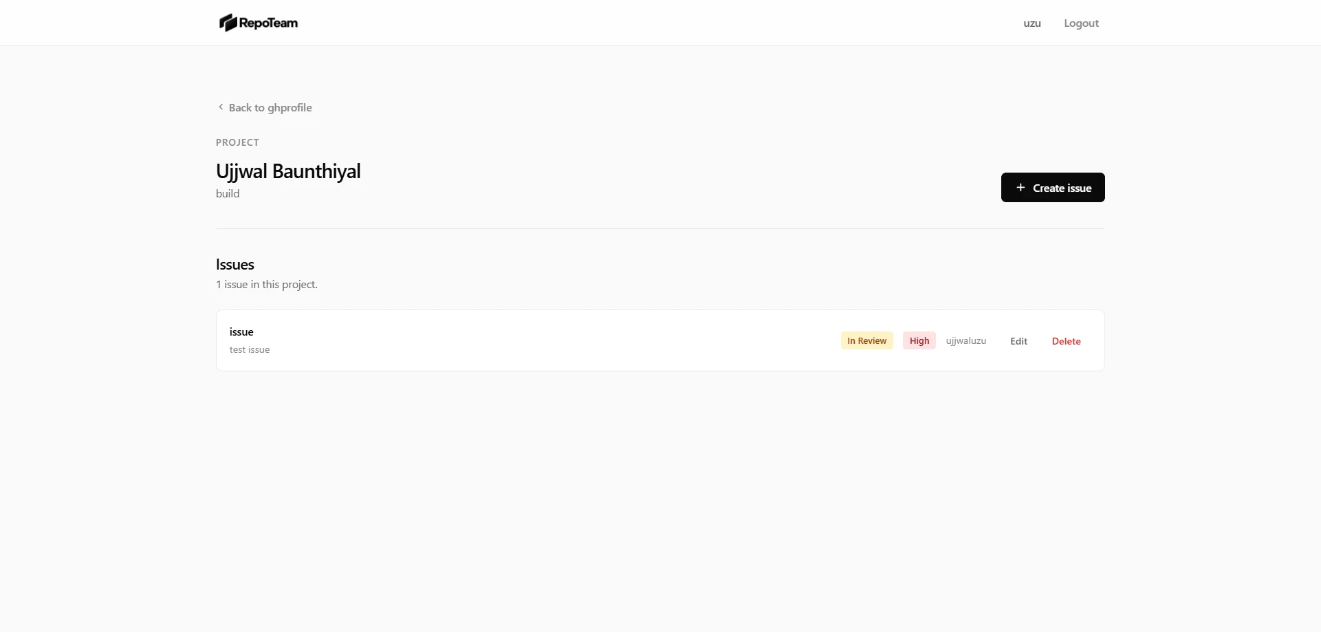 RepoTeam project workspace listing the team's issues