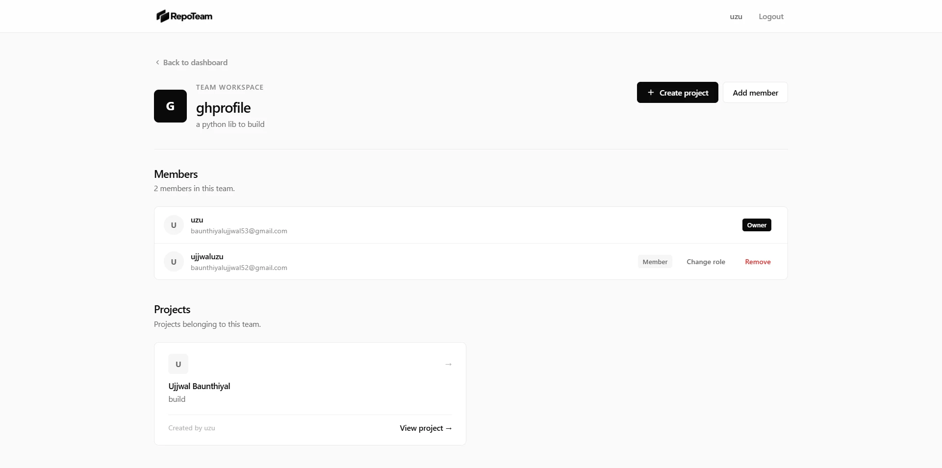 RepoTeam team workspace showing the member list and project list