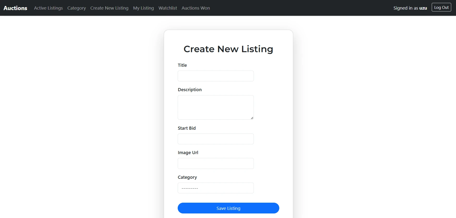 Commerce create listing form for adding a new auction item