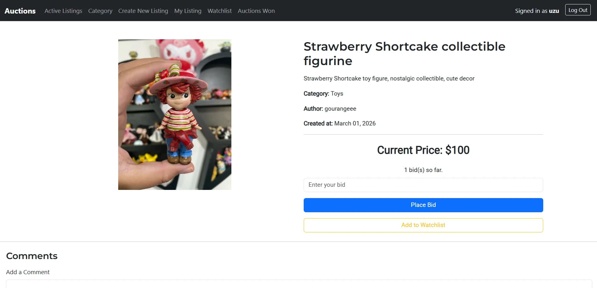 Commerce listing detail page with bidding and listing information