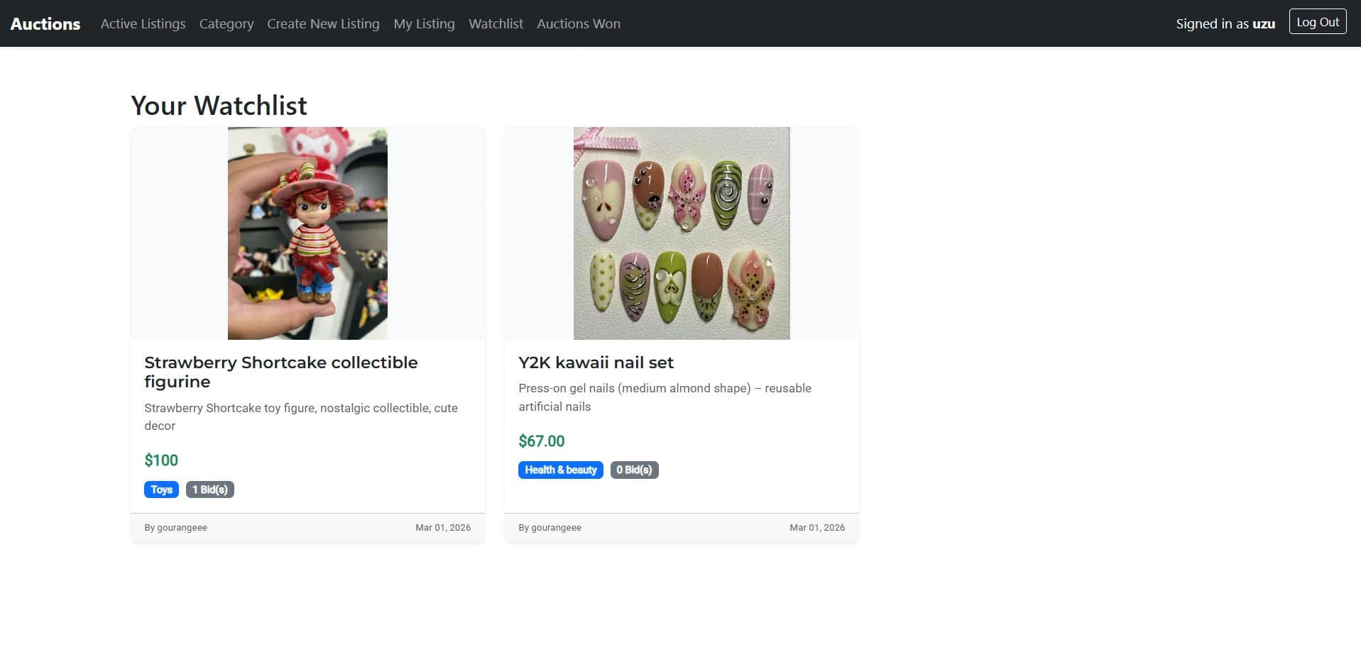 Commerce watchlist page showing saved auction listings