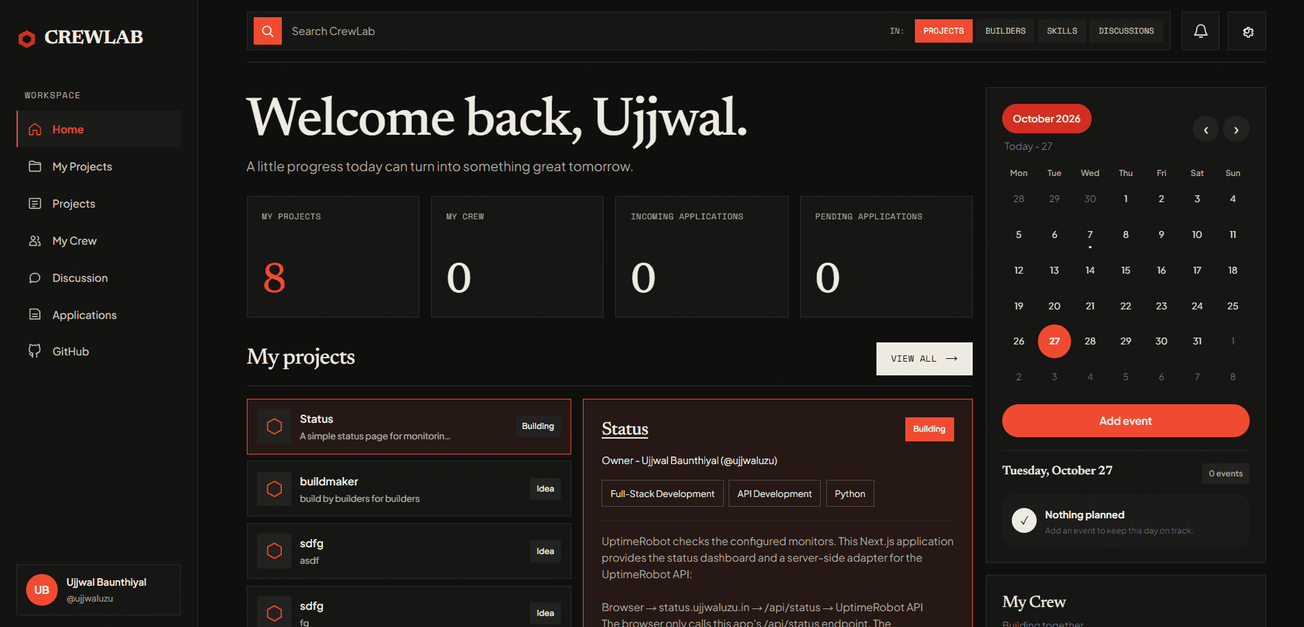 CrewLab dashboard showing project, crew, and application summaries with the My Projects list