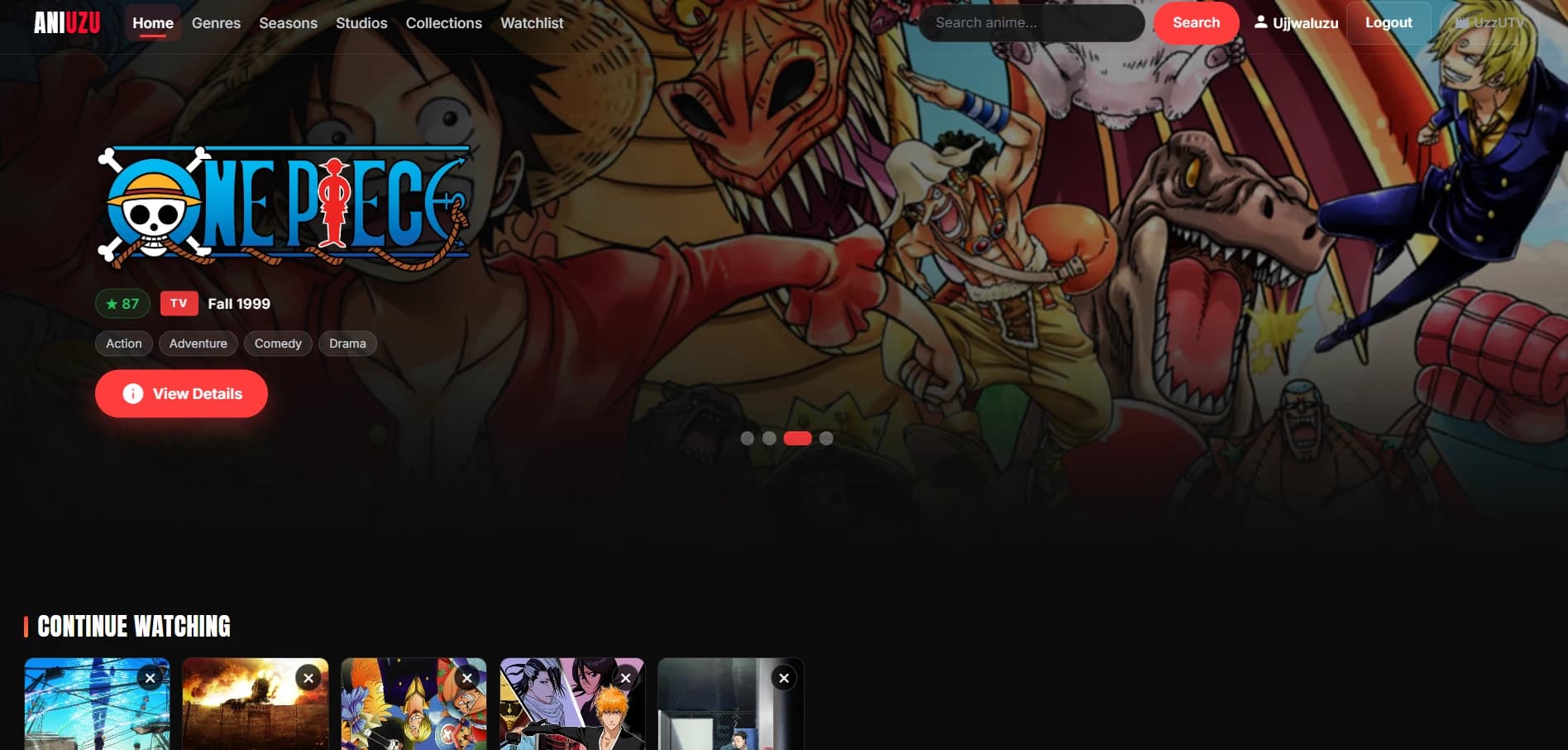 Aniuzu anime discovery page inside UzzUTV