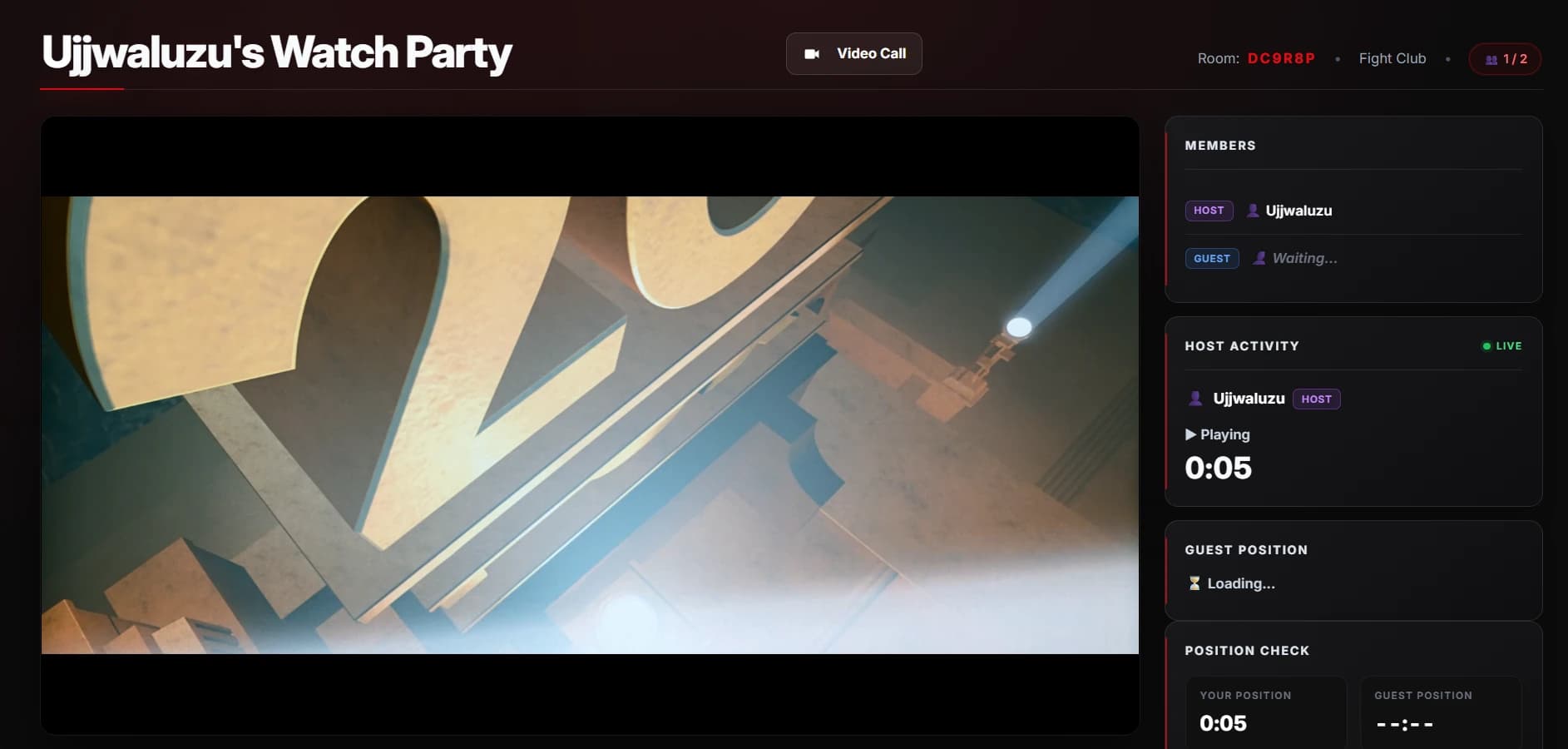 UzzUTV Watch Party room interface