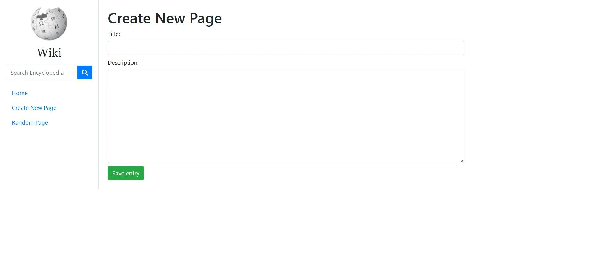 Wiki create page for writing a new Markdown encyclopedia entry